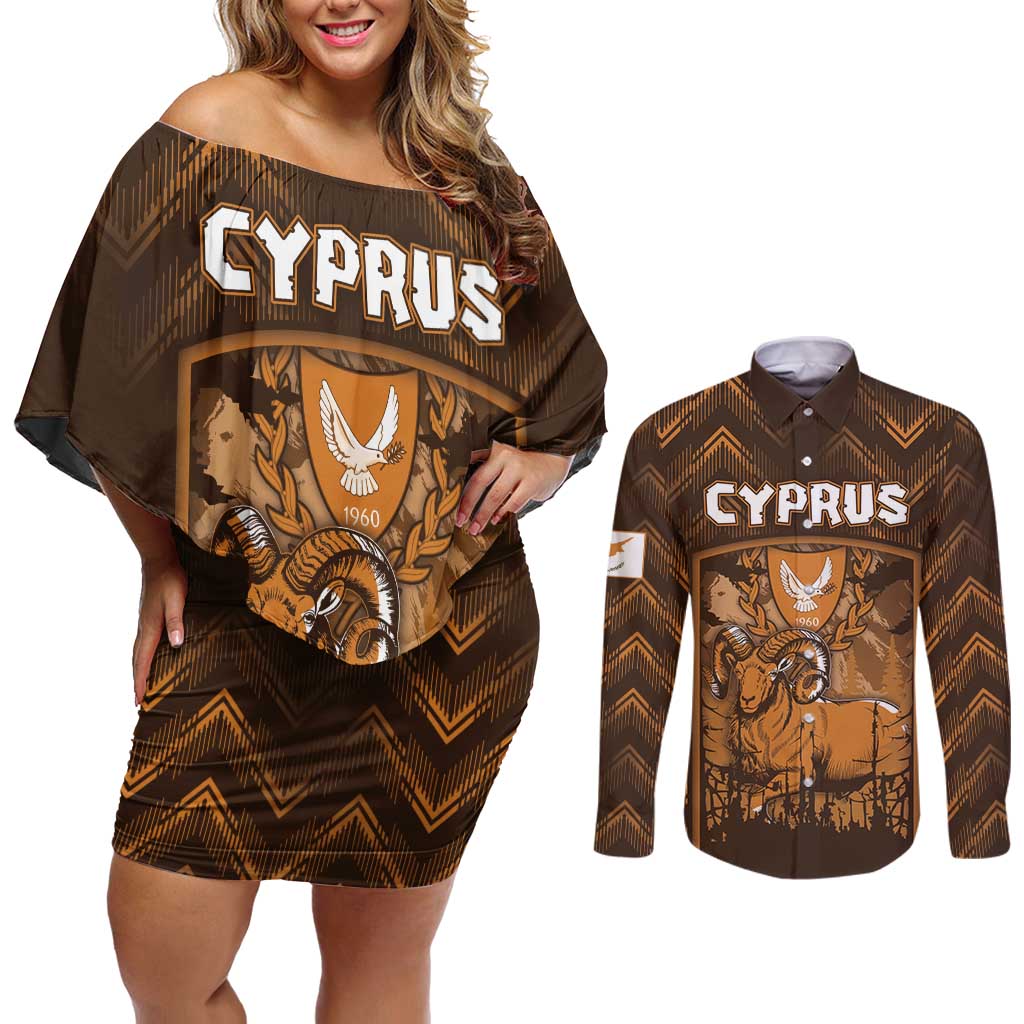 Personalized Cyprus Couples Matching Off Shoulder Short Dress and Long Sleeve Button Shirt The Cypriot Mouflon With Coat Of Arms - Wonder Print Shop