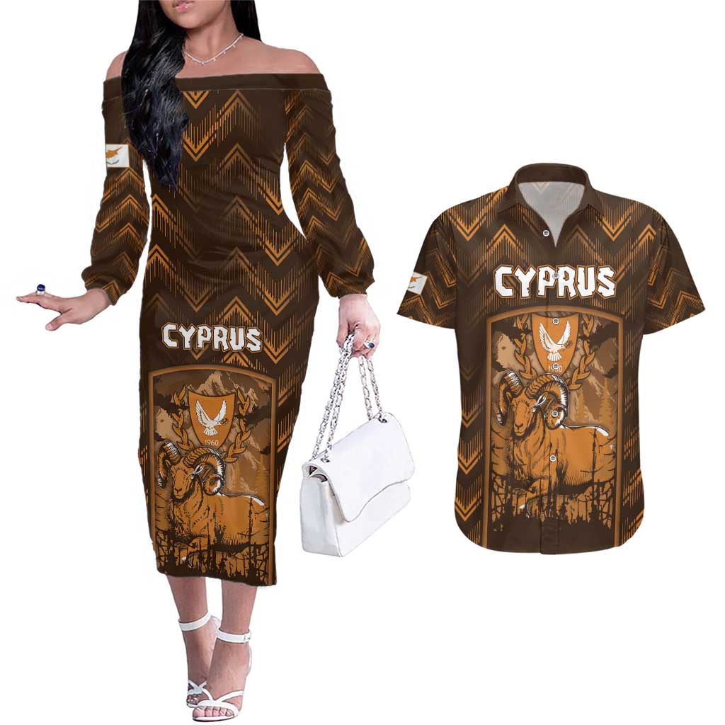 Personalized Cyprus Couples Matching Off The Shoulder Long Sleeve Dress and Hawaiian Shirt The Cypriot Mouflon With Coat Of Arms - Wonder Print Shop