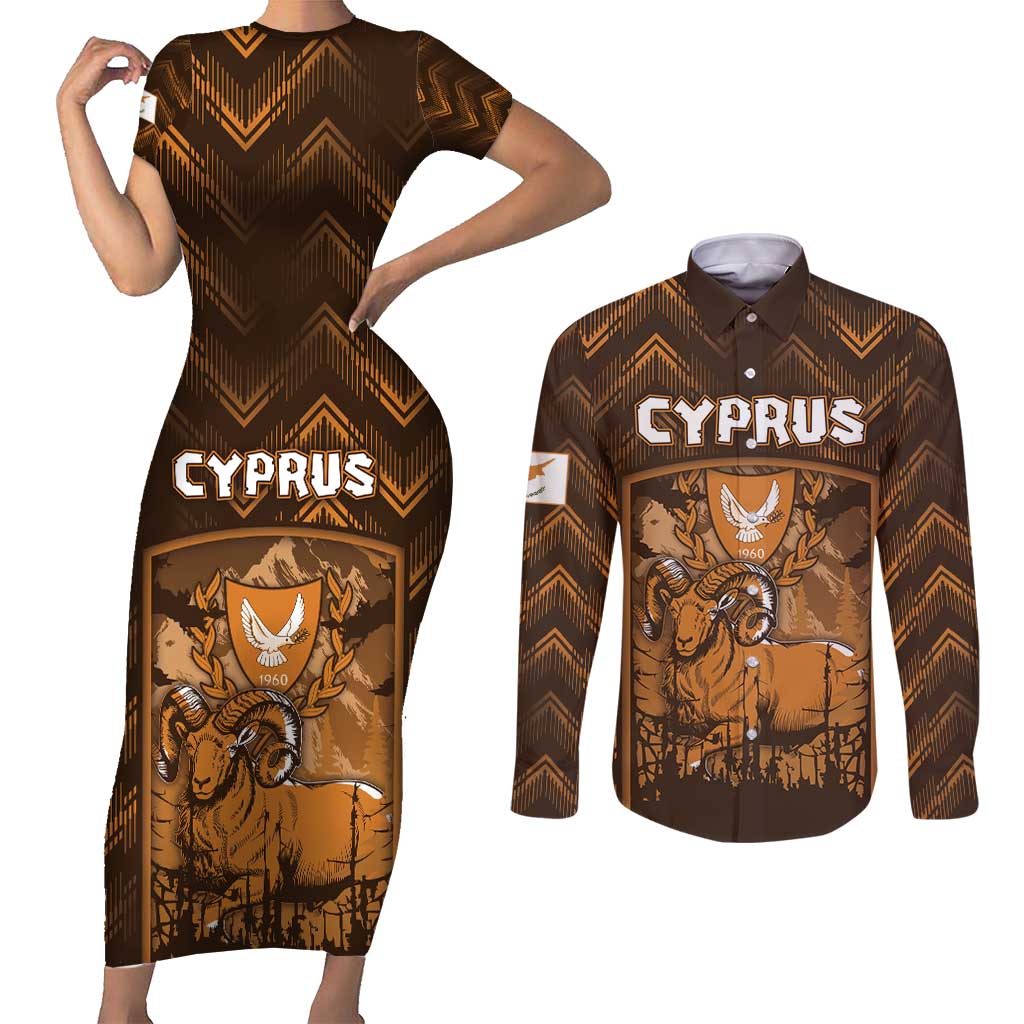 Personalized Cyprus Couples Matching Short Sleeve Bodycon Dress and Long Sleeve Button Shirt The Cypriot Mouflon With Coat Of Arms - Wonder Print Shop