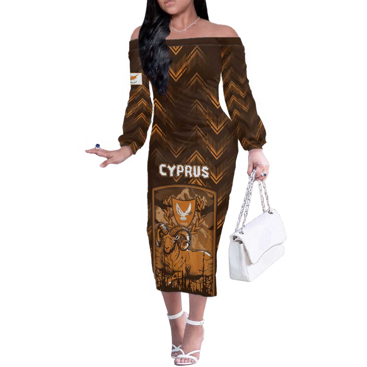 Personalized Cyprus Family Matching Off The Shoulder Long Sleeve Dress and Hawaiian Shirt The Cypriot Mouflon With Coat Of Arms - Wonder Print Shop
