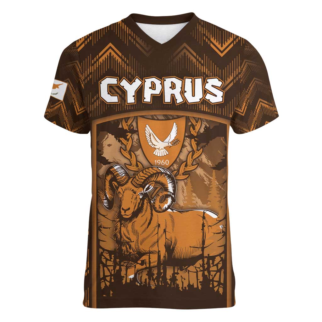 Personalized Cyprus Women V-Neck T-Shirt The Cypriot Mouflon With Coat Of Arms - Wonder Print Shop
