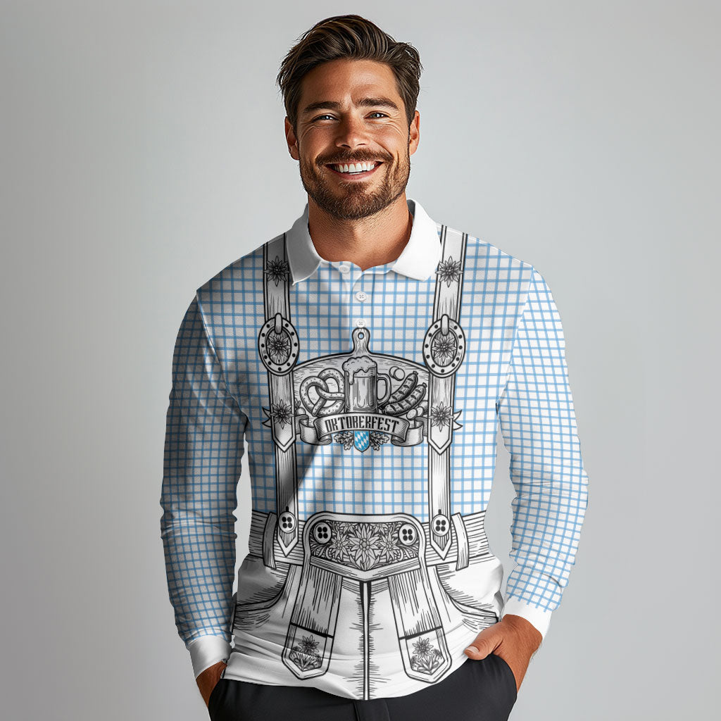 Oktoberfest Lederhosen Costume Long Sleeve Polo Shirt Linocut Woodcut White Style