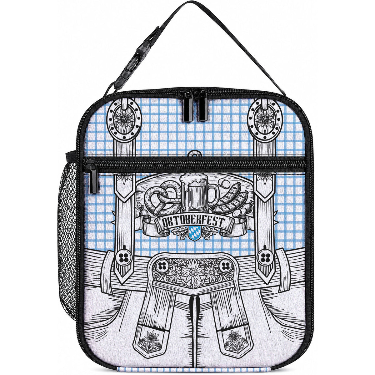Oktoberfest Lederhosen Costume Lunch Bag Linocut Woodcut White Style