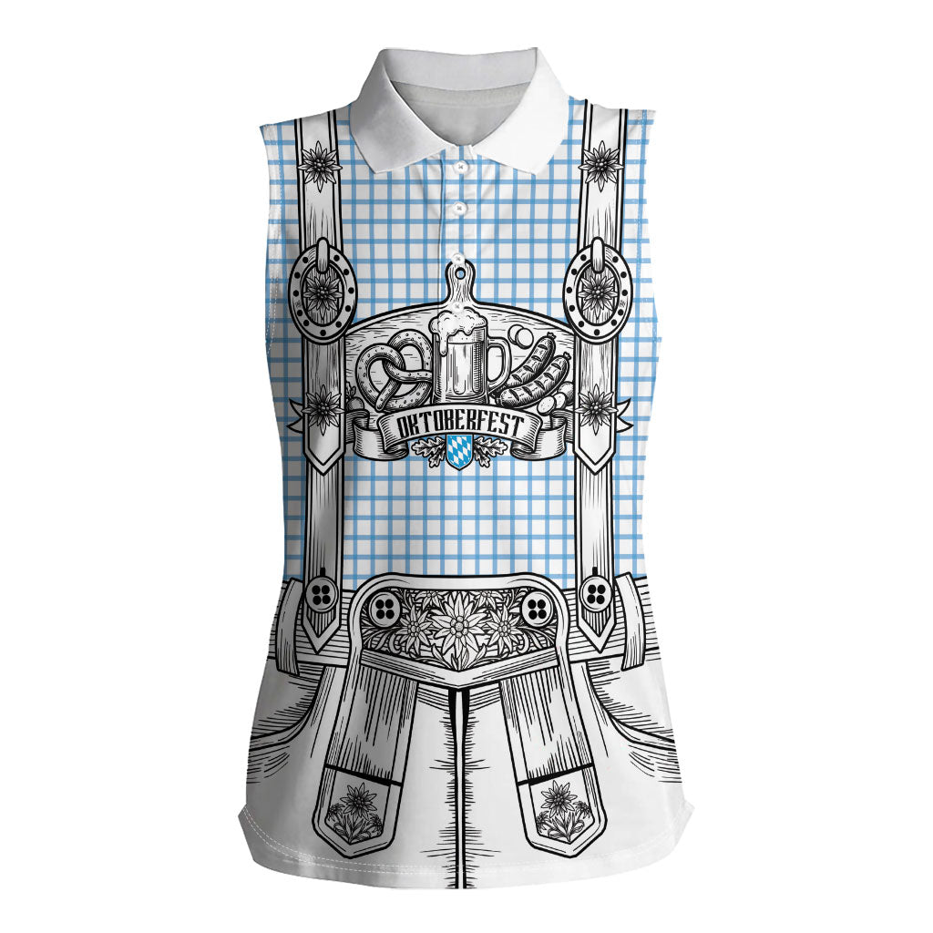 Oktoberfest Lederhosen Costume Women Sleeveless Polo Shirt Linocut Woodcut White Style