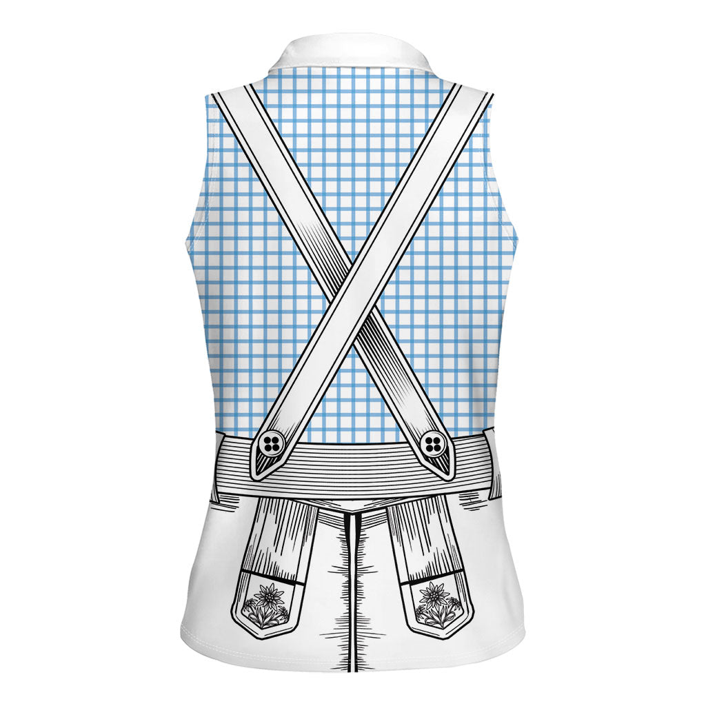 Oktoberfest Lederhosen Costume Women Sleeveless Polo Shirt Linocut Woodcut White Style