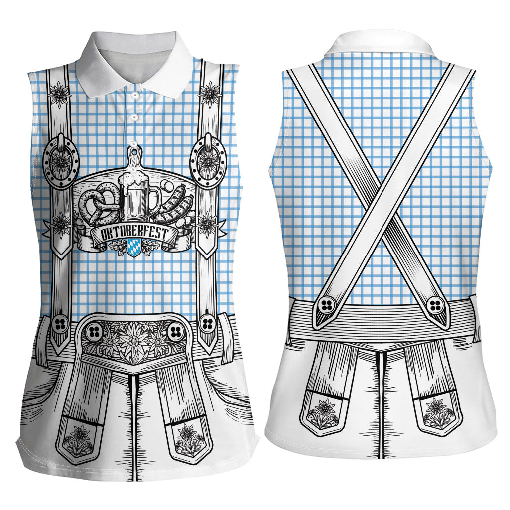 Oktoberfest Lederhosen Costume Women Sleeveless Polo Shirt Linocut Woodcut White Style