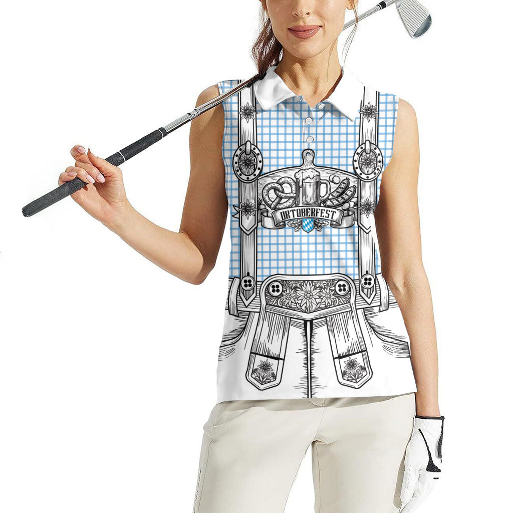 Oktoberfest Lederhosen Costume Women Sleeveless Polo Shirt Linocut Woodcut White Style
