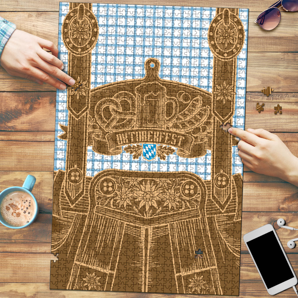 Oktoberfest Lederhosen Costume Puzzle Linocut Woodcut Brown Style