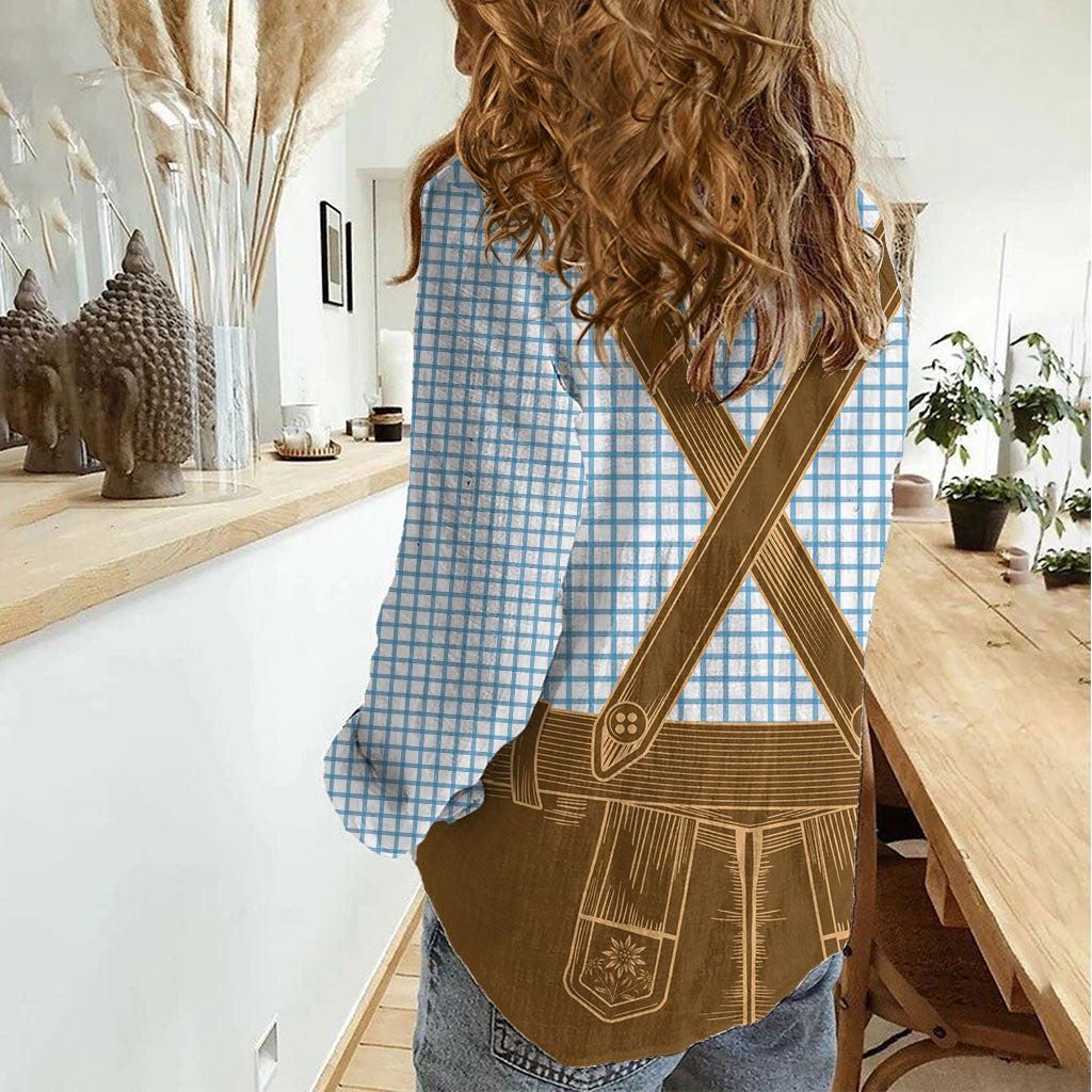 Oktoberfest Lederhosen Costume Women Casual Shirt Linocut Woodcut Brown Style