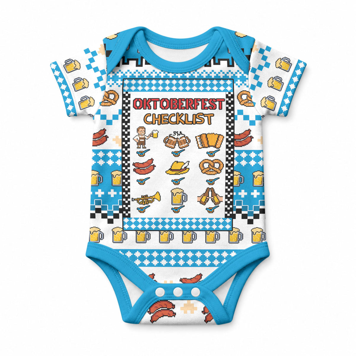 Oktoberfest Checklist Baby Onesie Pixel Beer Pretzel Sausage Bavarian Pattern