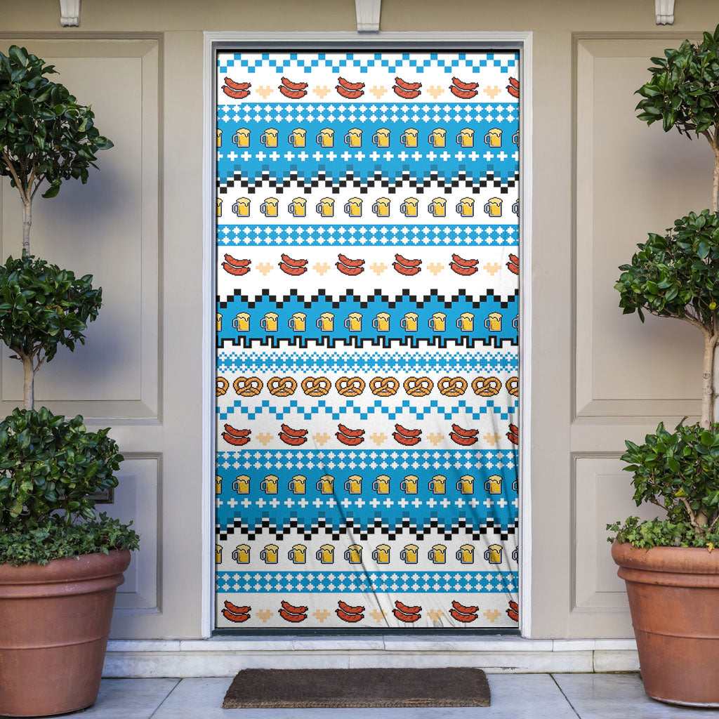 Oktoberfest Checklist Door Cover Pixel Beer Pretzel Sausage Bavarian Pattern