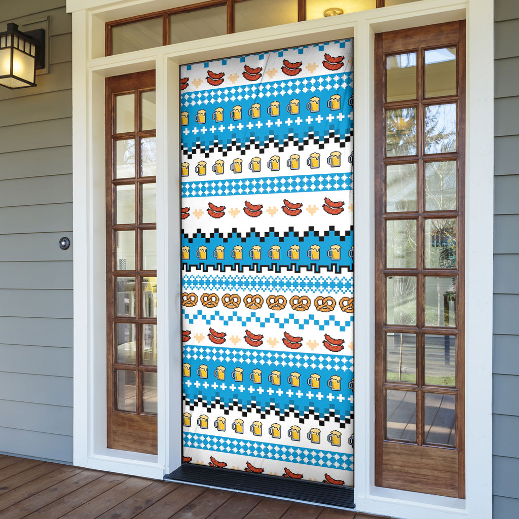 Oktoberfest Checklist Door Cover Pixel Beer Pretzel Sausage Bavarian Pattern