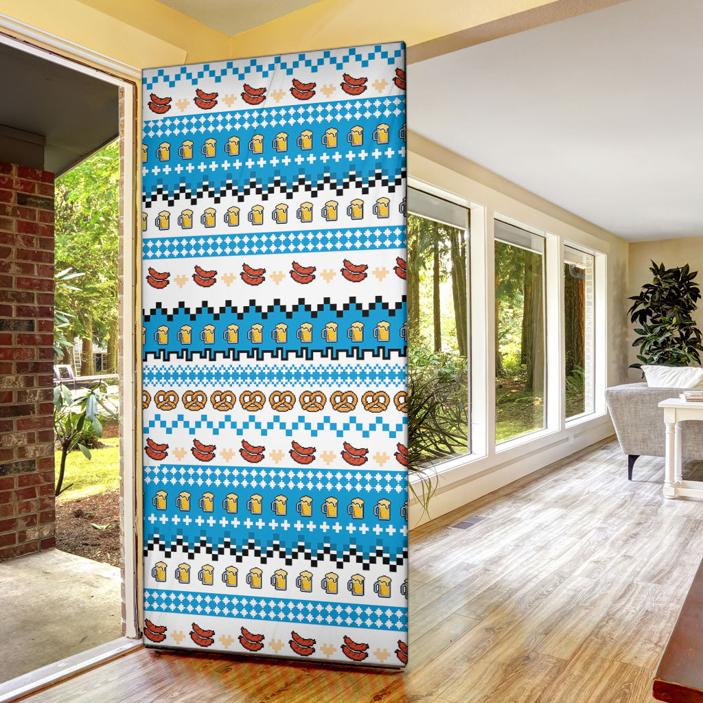 Oktoberfest Checklist Door Cover Pixel Beer Pretzel Sausage Bavarian Pattern