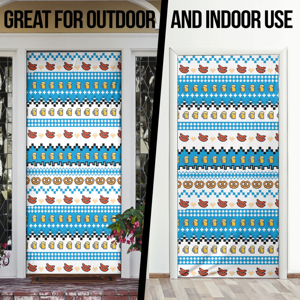 Oktoberfest Checklist Door Cover Pixel Beer Pretzel Sausage Bavarian Pattern
