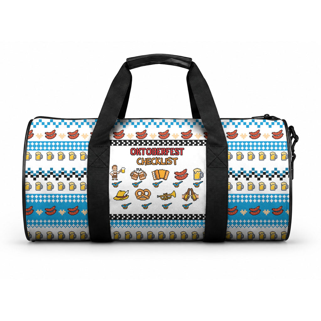 Oktoberfest Checklist Duffle Bag Pixel Beer Pretzel Sausage Bavarian Pattern