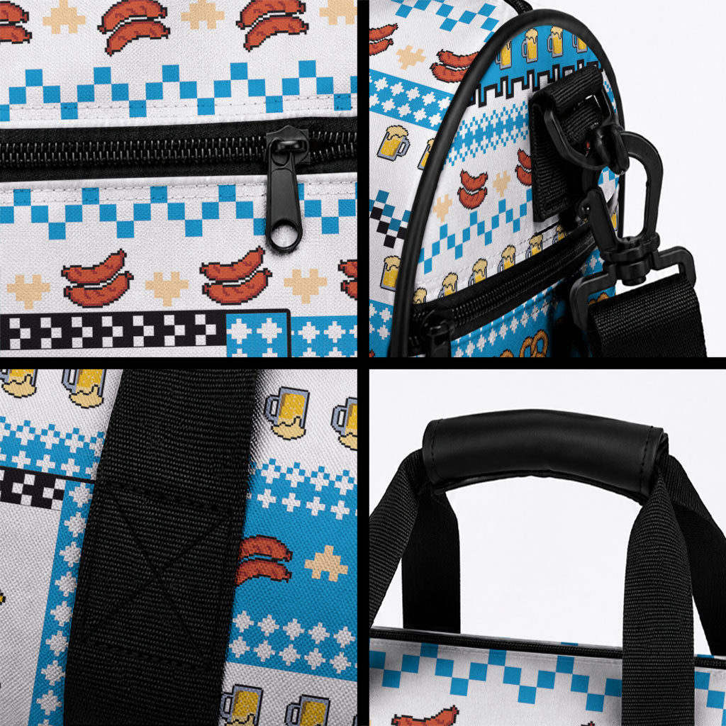 Oktoberfest Checklist Duffle Bag Pixel Beer Pretzel Sausage Bavarian Pattern