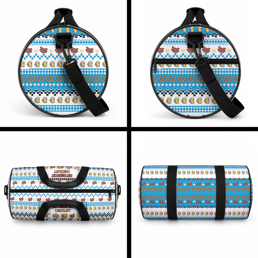 Oktoberfest Checklist Duffle Bag Pixel Beer Pretzel Sausage Bavarian Pattern
