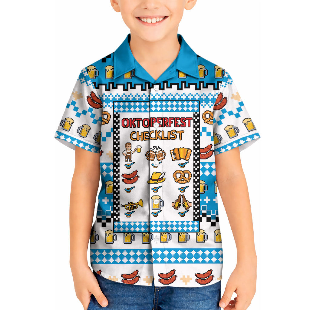 Oktoberfest Checklist Kid Hawaiian Shirt Pixel Beer Pretzel Sausage Bavarian Pattern