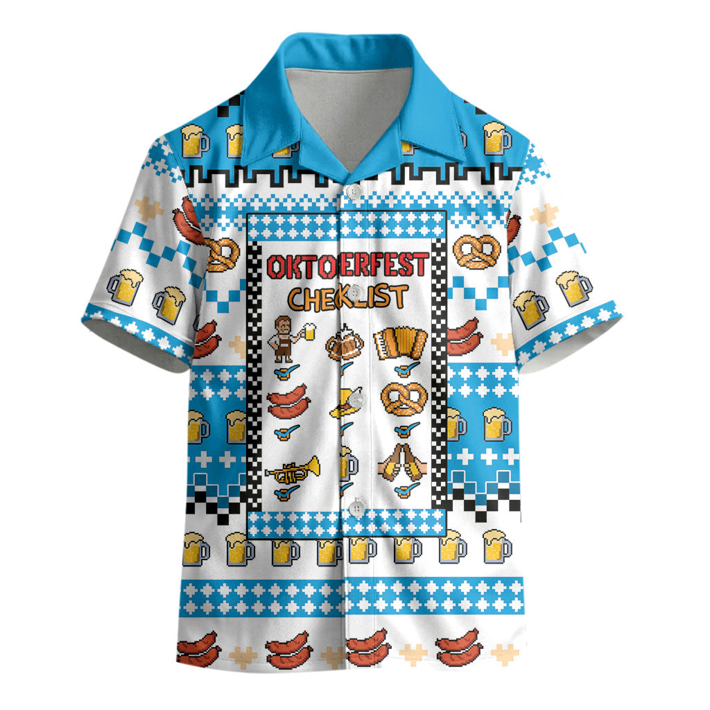 Oktoberfest Checklist Kid Hawaiian Shirt Pixel Beer Pretzel Sausage Bavarian Pattern
