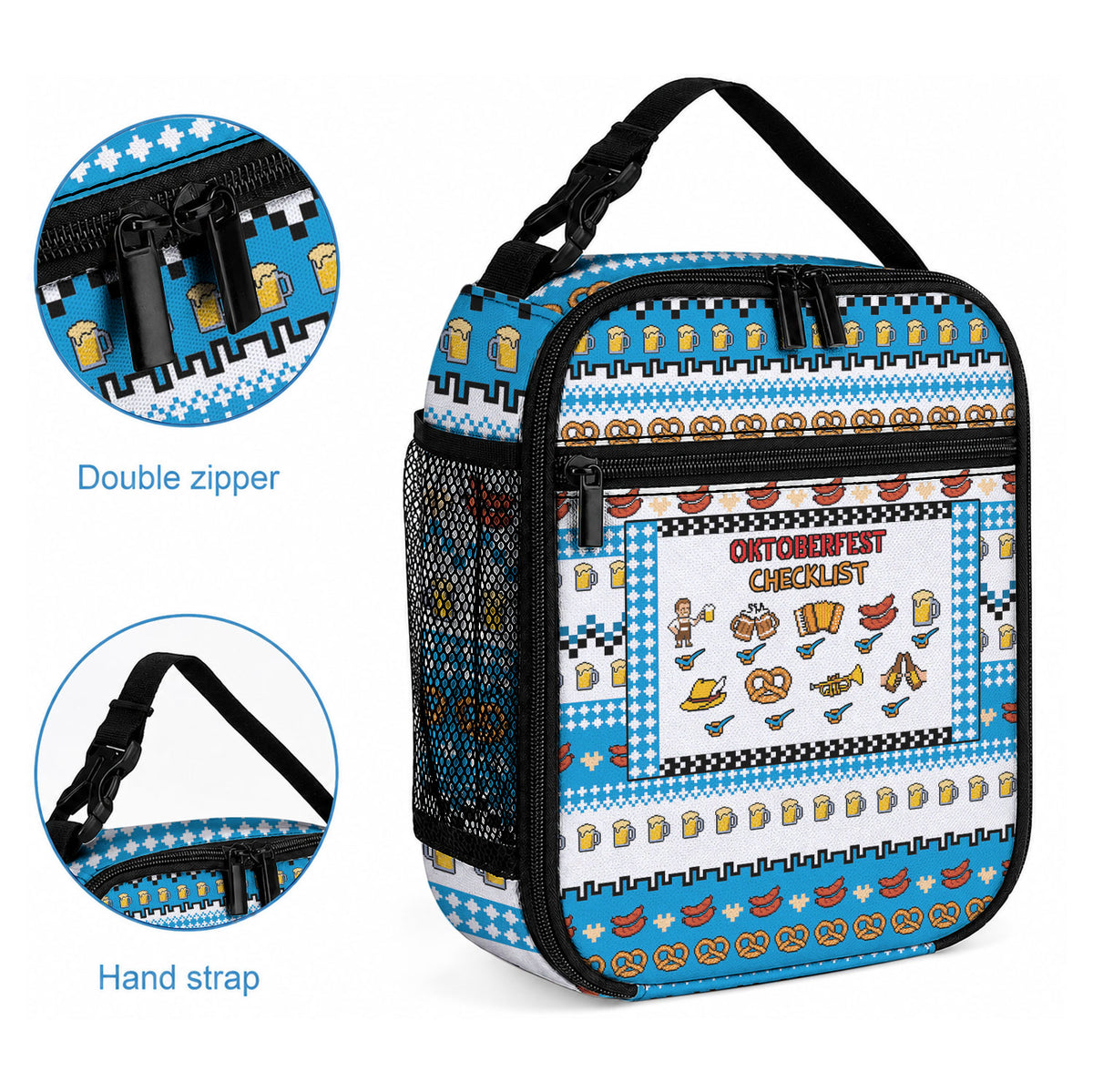 Oktoberfest Checklist Lunch Bag Pixel Beer Pretzel Sausage Bavarian Pattern