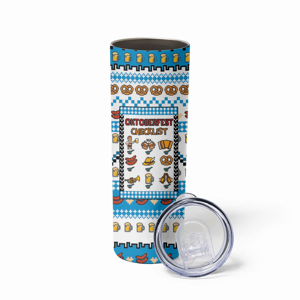 Oktoberfest Checklist Skinny Tumbler Pixel Beer Pretzel Sausage Bavarian Pattern