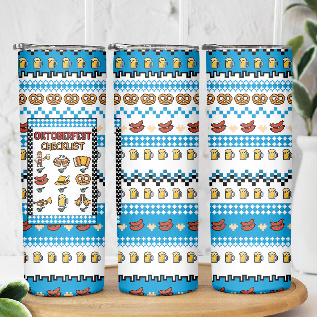 Oktoberfest Checklist Skinny Tumbler Pixel Beer Pretzel Sausage Bavarian Pattern