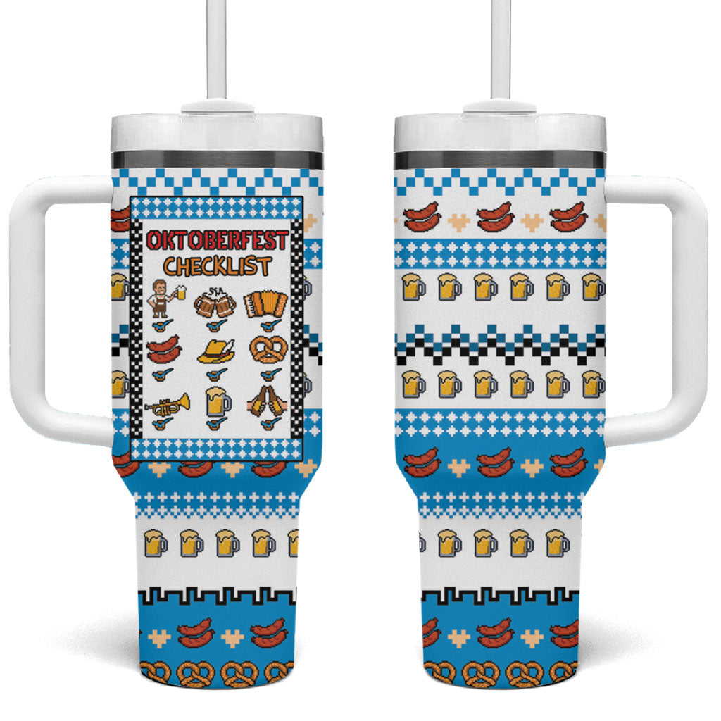 Oktoberfest Checklist Tumbler With Handle Pixel Beer Pretzel Sausage Bavarian Pattern