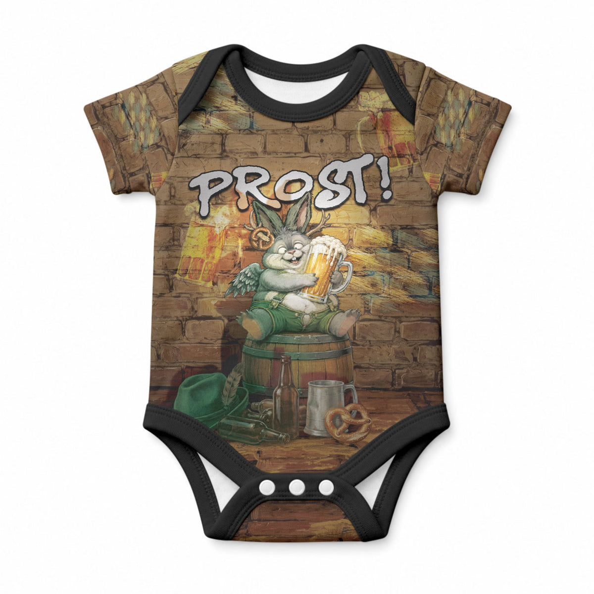 Oktoberfest Wolpertinger Baby Onesie Prost Beer Horned Rabbit Pretzel Barrel