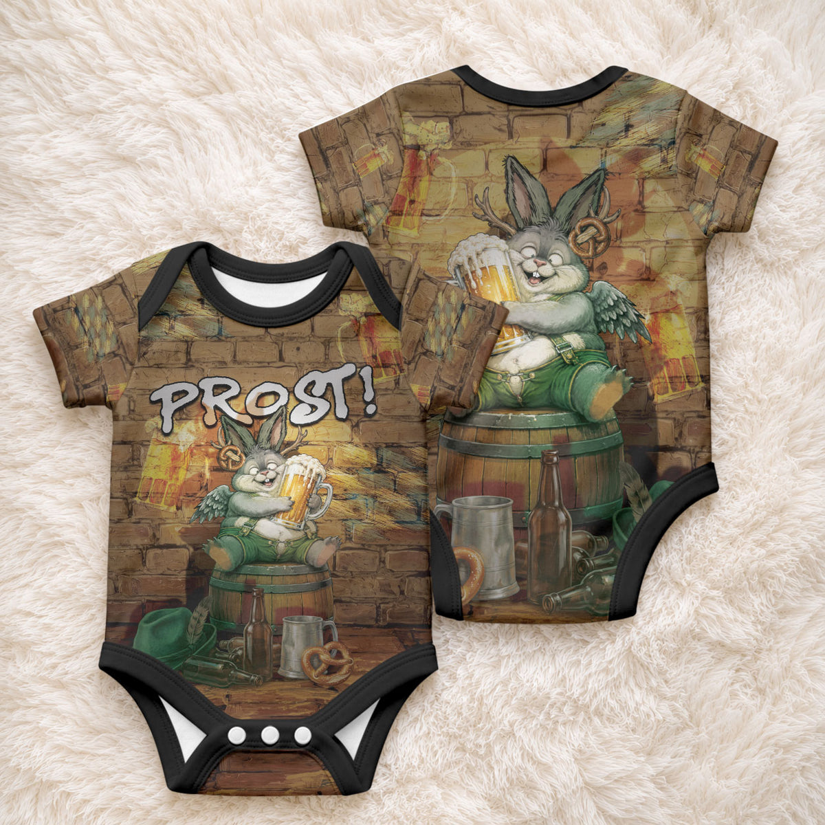 Oktoberfest Wolpertinger Baby Onesie Prost Beer Horned Rabbit Pretzel Barrel