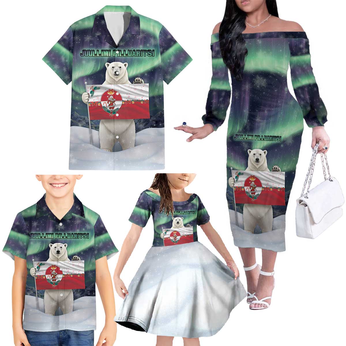 Greenland Christmas Family Matching Off The Shoulder Long Sleeve Dress and Hawaiian Shirt Juullimi Pilluaritsi - Wonder Print Shop
