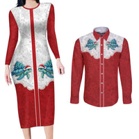 Western Yoke Couples Matching Long Sleeve Bodycon Dress and Long Sleeve Button Shirt Turtle Going Home For Christmas - Wonder Print Shop