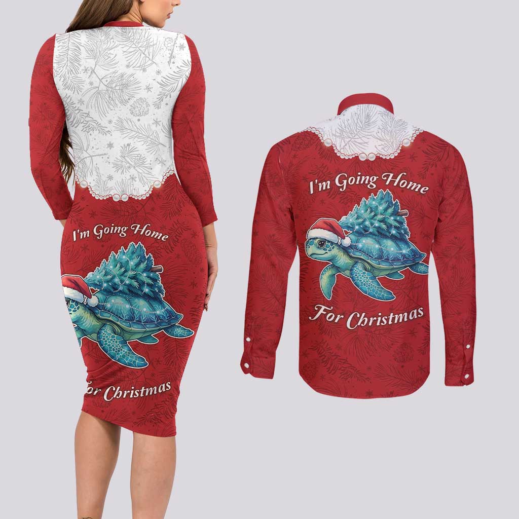 Western Yoke Couples Matching Long Sleeve Bodycon Dress and Long Sleeve Button Shirt Turtle Going Home For Christmas - Wonder Print Shop