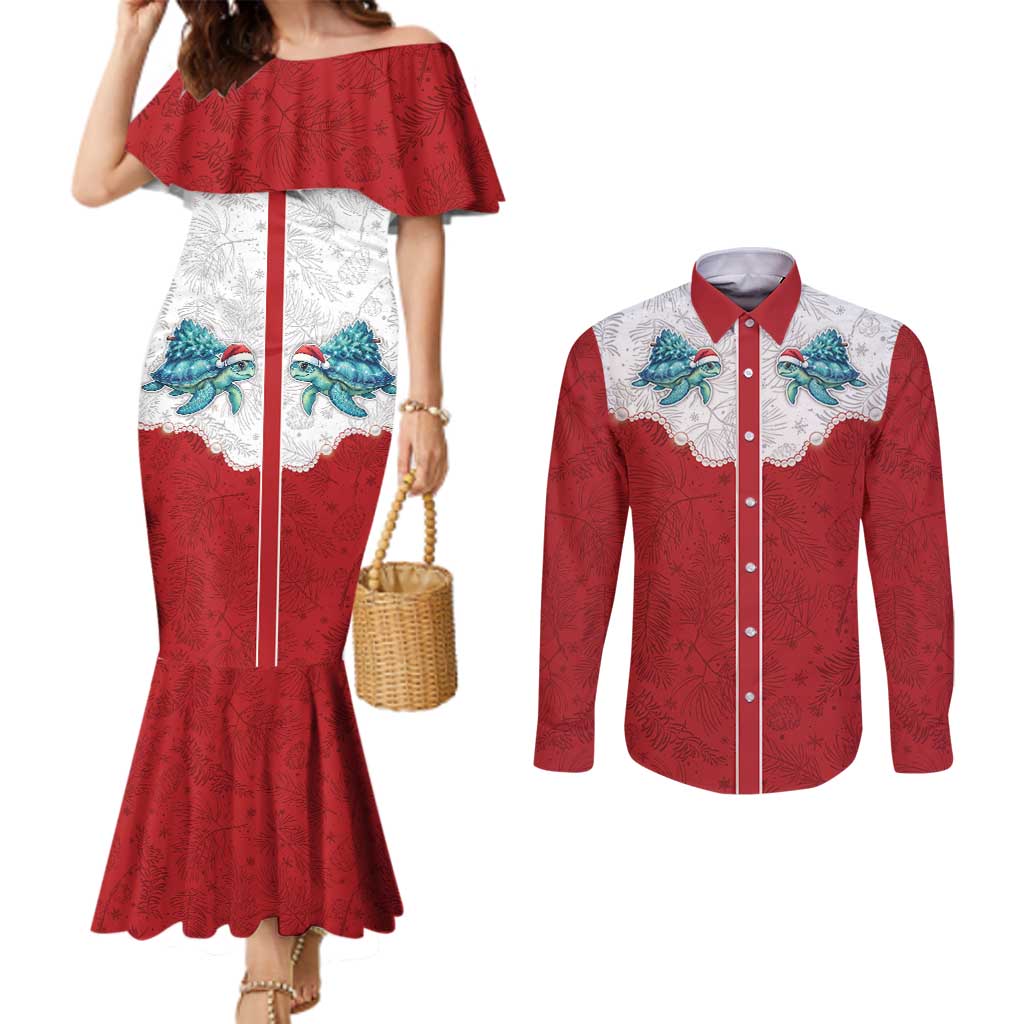 Western Yoke Couples Matching Mermaid Dress and Long Sleeve Button Shirt Turtle Going Home For Christmas - Wonder Print Shop