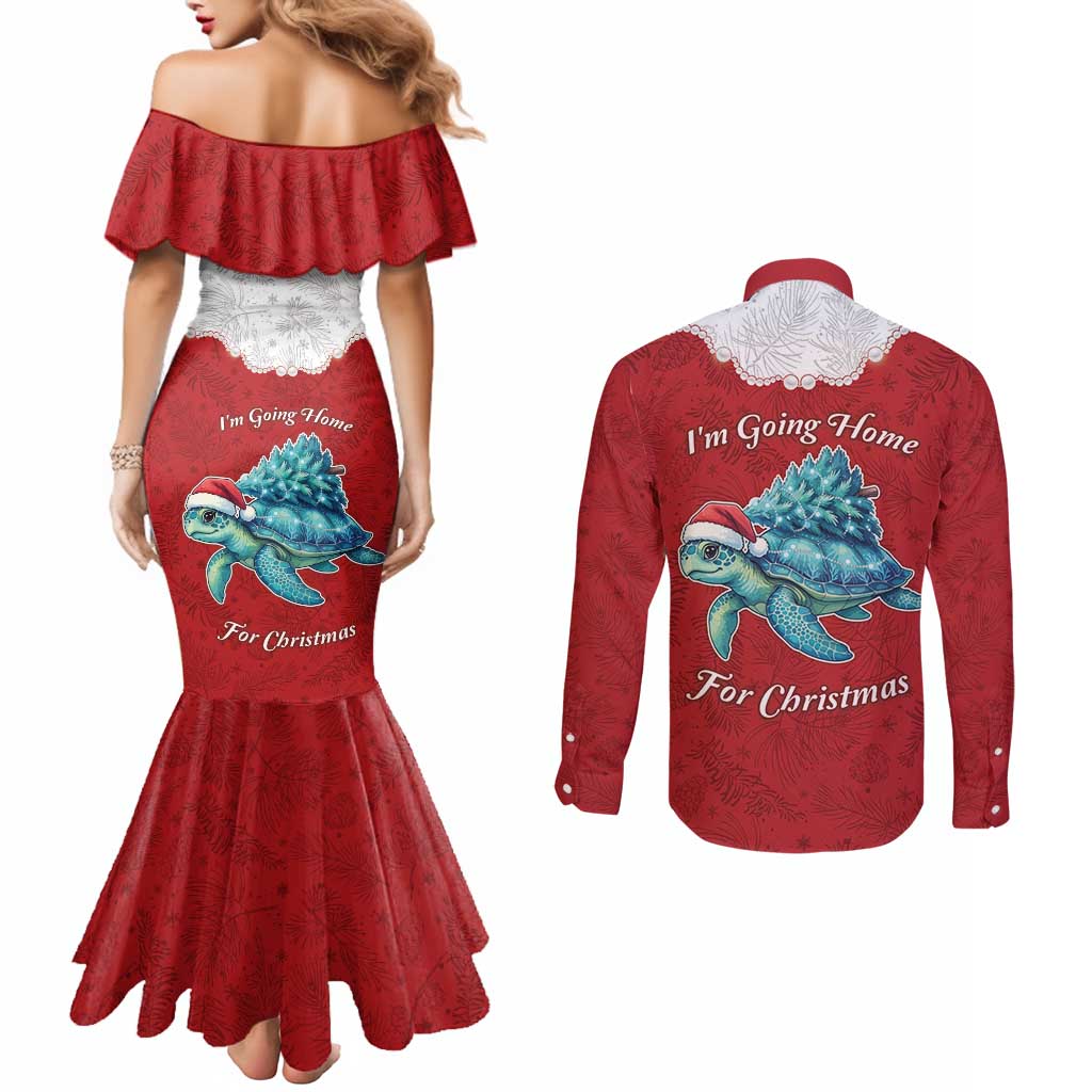 Western Yoke Couples Matching Mermaid Dress and Long Sleeve Button Shirt Turtle Going Home For Christmas - Wonder Print Shop