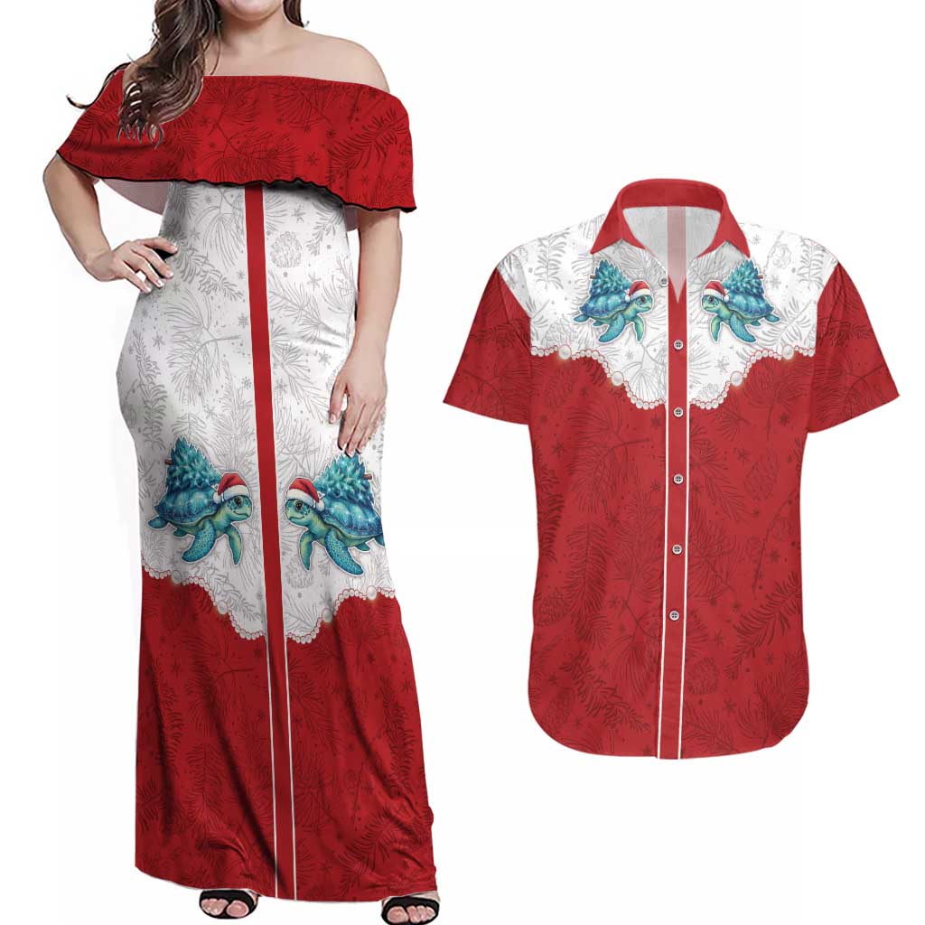 Western Yoke Couples Matching Off Shoulder Maxi Dress and Hawaiian Shirt Turtle Going Home For Christmas - Wonder Print Shop