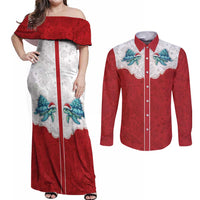 Western Yoke Couples Matching Off Shoulder Maxi Dress and Long Sleeve Button Shirt Turtle Going Home For Christmas - Wonder Print Shop
