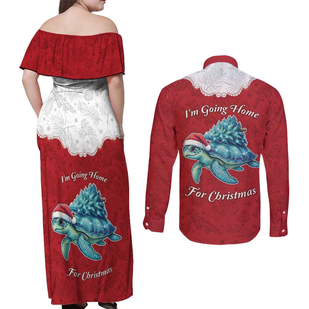 Western Yoke Couples Matching Off Shoulder Maxi Dress and Long Sleeve Button Shirt Turtle Going Home For Christmas - Wonder Print Shop