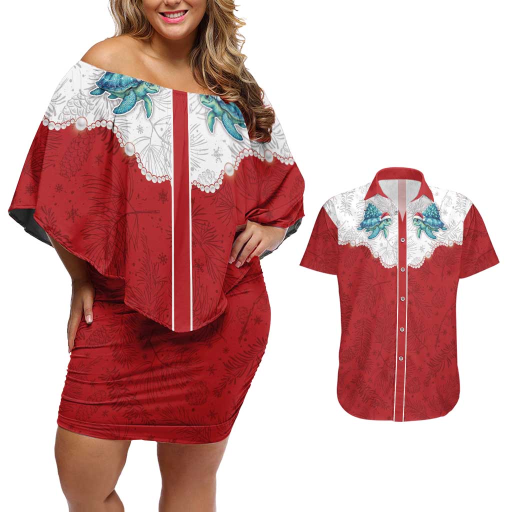 Western Yoke Couples Matching Off Shoulder Short Dress and Hawaiian Shirt Turtle Going Home For Christmas - Wonder Print Shop