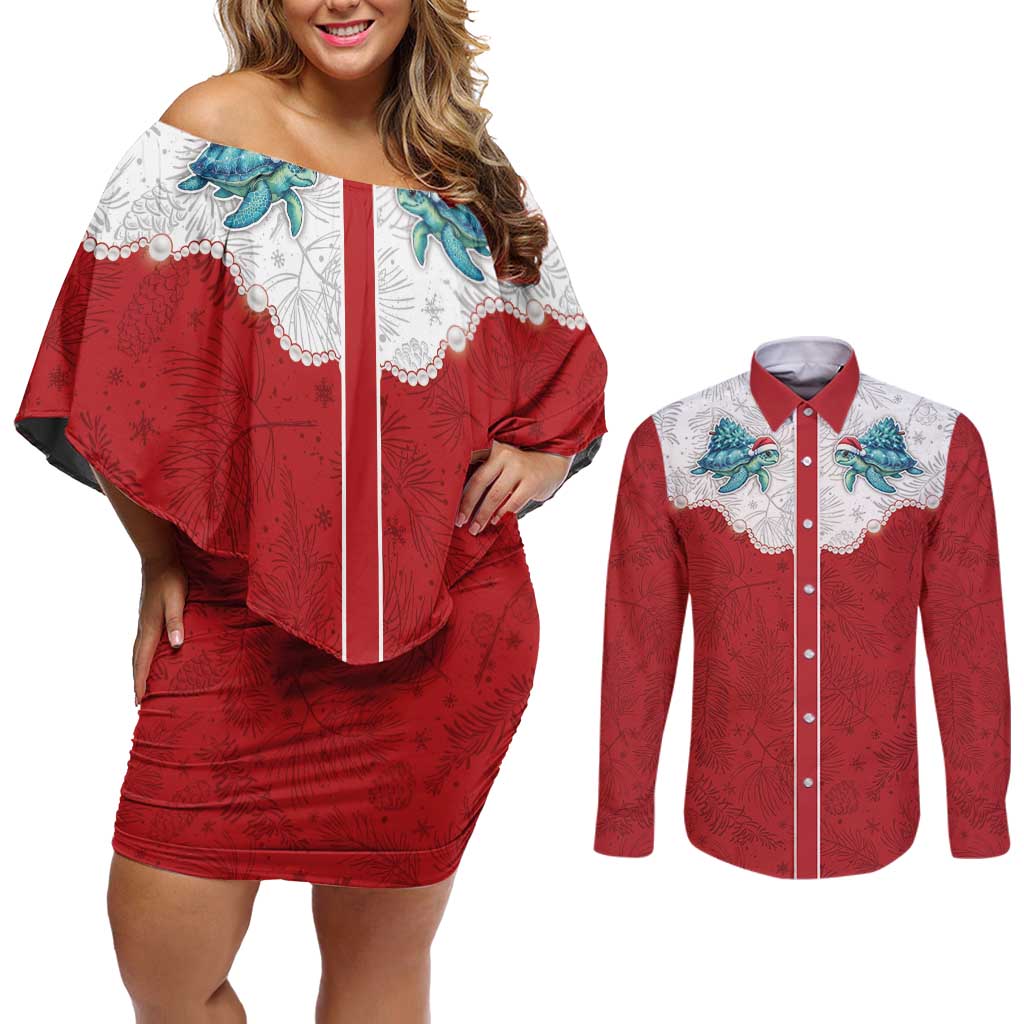 Western Yoke Couples Matching Off Shoulder Short Dress and Long Sleeve Button Shirt Turtle Going Home For Christmas - Wonder Print Shop