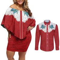 Western Yoke Couples Matching Off Shoulder Short Dress and Long Sleeve Button Shirt Turtle Going Home For Christmas - Wonder Print Shop