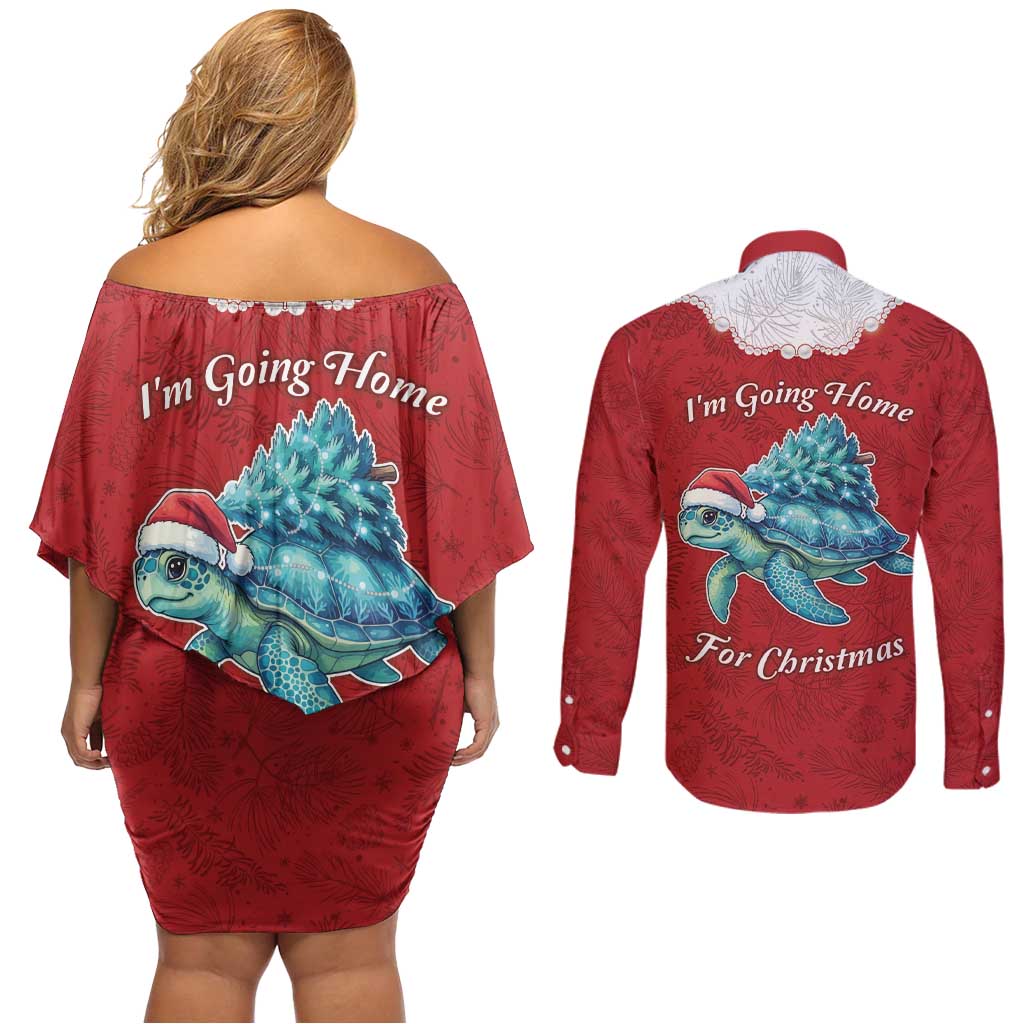 Western Yoke Couples Matching Off Shoulder Short Dress and Long Sleeve Button Shirt Turtle Going Home For Christmas - Wonder Print Shop