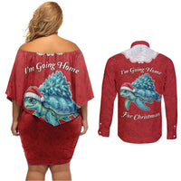 Western Yoke Couples Matching Off Shoulder Short Dress and Long Sleeve Button Shirt Turtle Going Home For Christmas - Wonder Print Shop