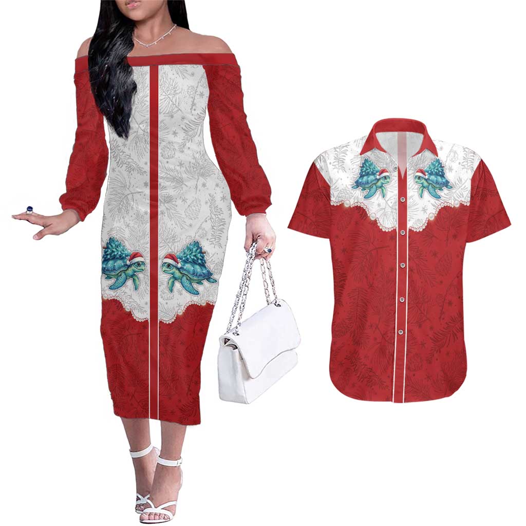 Western Yoke Couples Matching Off The Shoulder Long Sleeve Dress and Hawaiian Shirt Turtle Going Home For Christmas - Wonder Print Shop