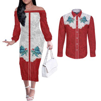 Western Yoke Couples Matching Off The Shoulder Long Sleeve Dress and Long Sleeve Button Shirt Turtle Going Home For Christmas - Wonder Print Shop
