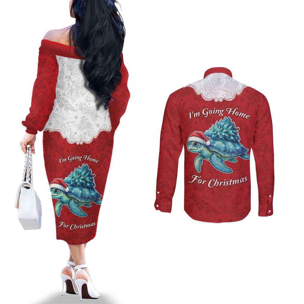 Western Yoke Couples Matching Off The Shoulder Long Sleeve Dress and Long Sleeve Button Shirt Turtle Going Home For Christmas - Wonder Print Shop