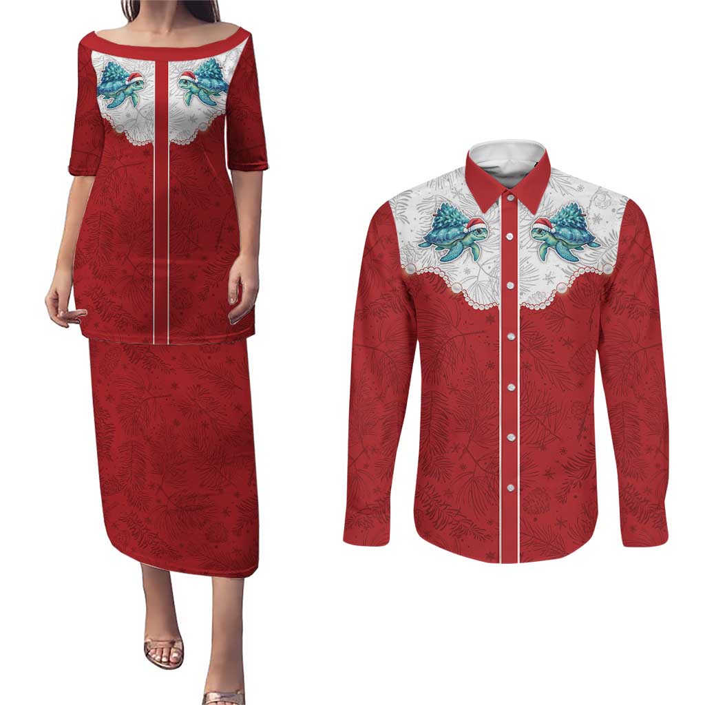 Western Yoke Couples Matching Puletasi and Long Sleeve Button Shirt Turtle Going Home For Christmas - Wonder Print Shop