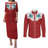 Western Yoke Couples Matching Puletasi and Long Sleeve Button Shirt Turtle Going Home For Christmas - Wonder Print Shop