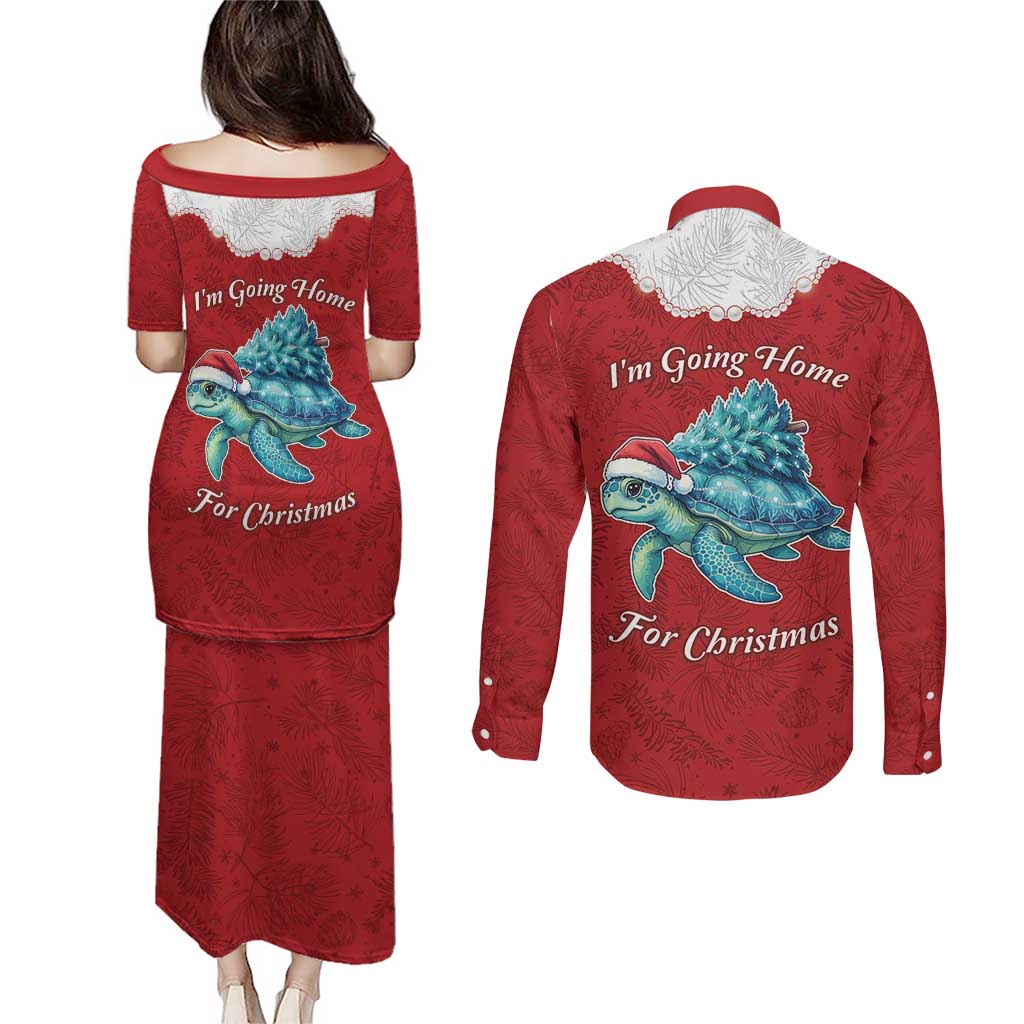 Western Yoke Couples Matching Puletasi and Long Sleeve Button Shirt Turtle Going Home For Christmas - Wonder Print Shop