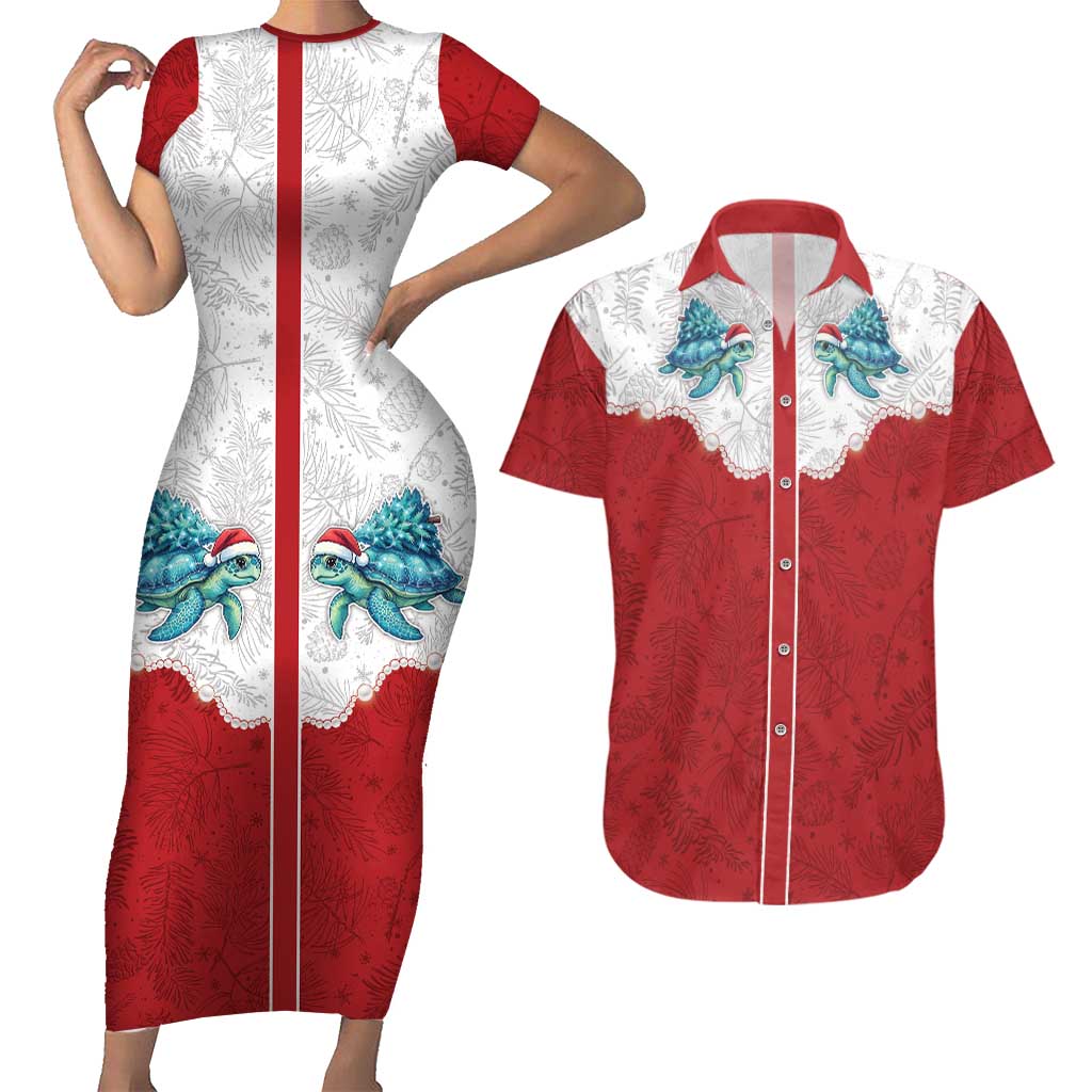 Western Yoke Couples Matching Short Sleeve Bodycon Dress and Hawaiian Shirt Turtle Going Home For Christmas - Wonder Print Shop