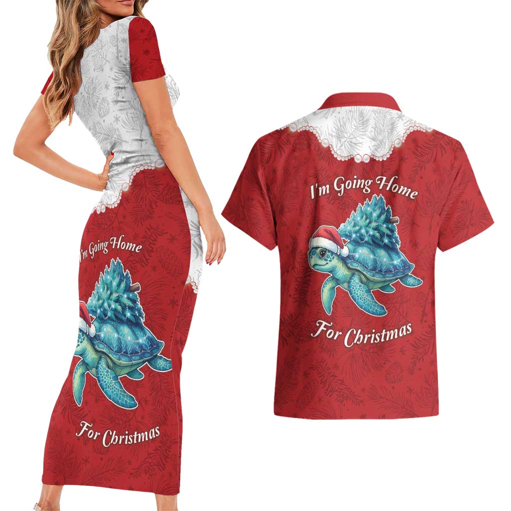 Western Yoke Couples Matching Short Sleeve Bodycon Dress and Hawaiian Shirt Turtle Going Home For Christmas - Wonder Print Shop